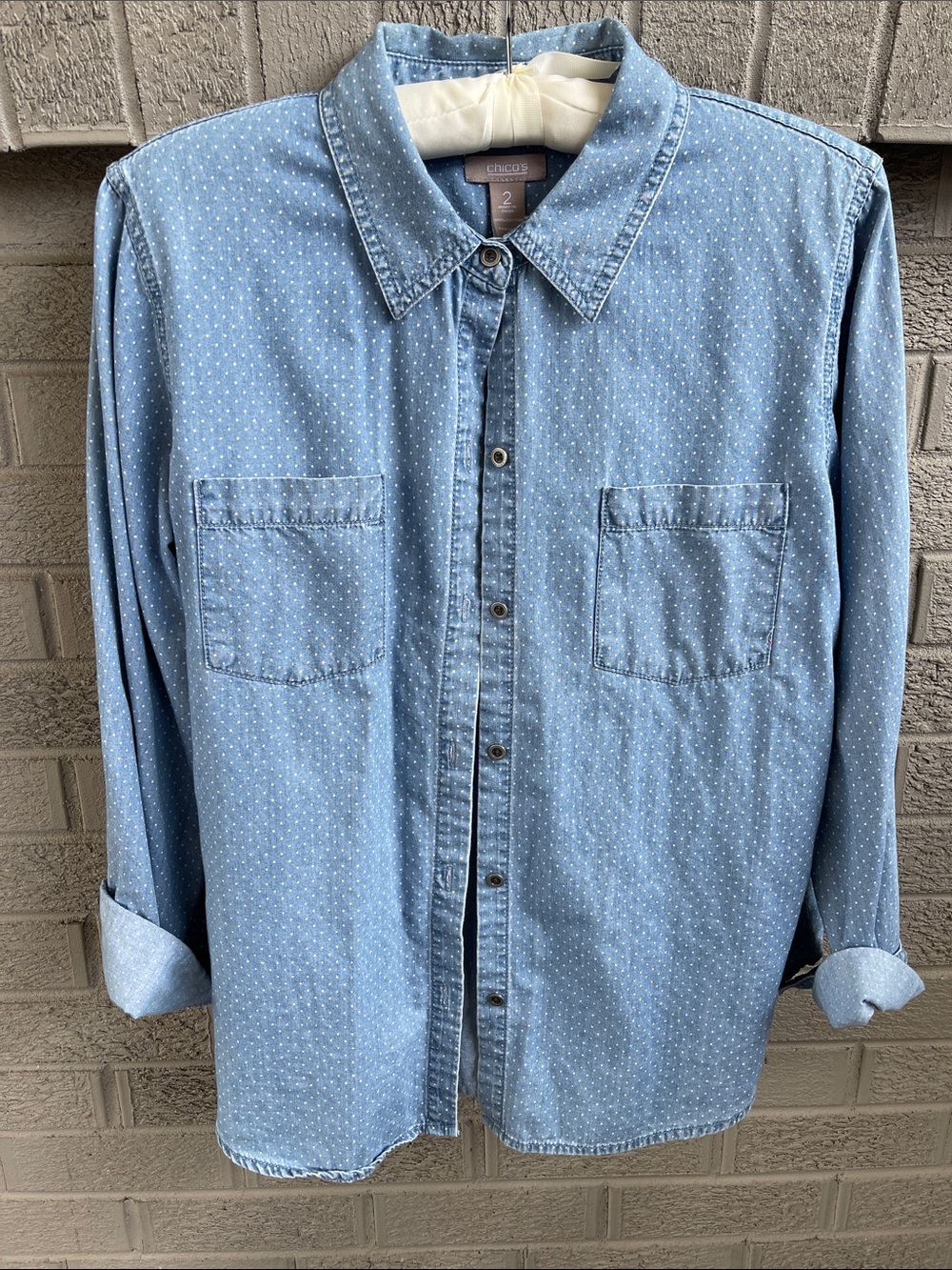 Chico's Light Blue Polka Dot Denim Shirt- L